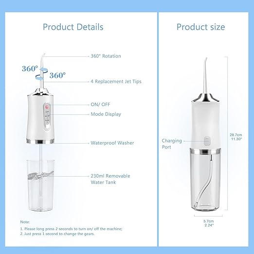 Wireless Oral Irrigator, Cordless Water Dental Floss for Teeth with 3 Modes & 4 Replacement Nozzles, Interdental Cleaner Rechargeable with Removable 230 ml Water Tank for Home, Travel, Shower (White)