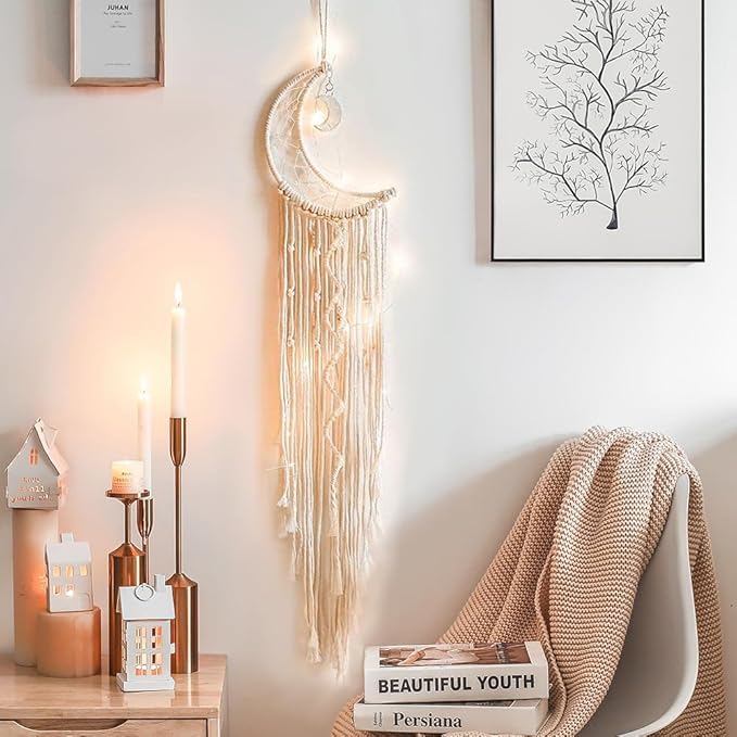 Macrame Wall Hanging Moon Dream Catcher with LED Light Handmade Woven Dream Catcher Boho Home Decoration Chic Home Decor Gifts Apartment Room Decoration for Eid Mubarak Ramadan