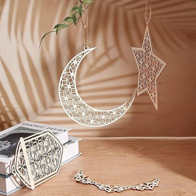 Lukione (6PCS) Islam Eid Ramadan Mubarak Decorations Hanging Wooden Lantern Baubles Pendant Muslim Islam Plaque Sign Ornament for Home Happy Ramadan Mubarak DIY Wall Decor Supplies