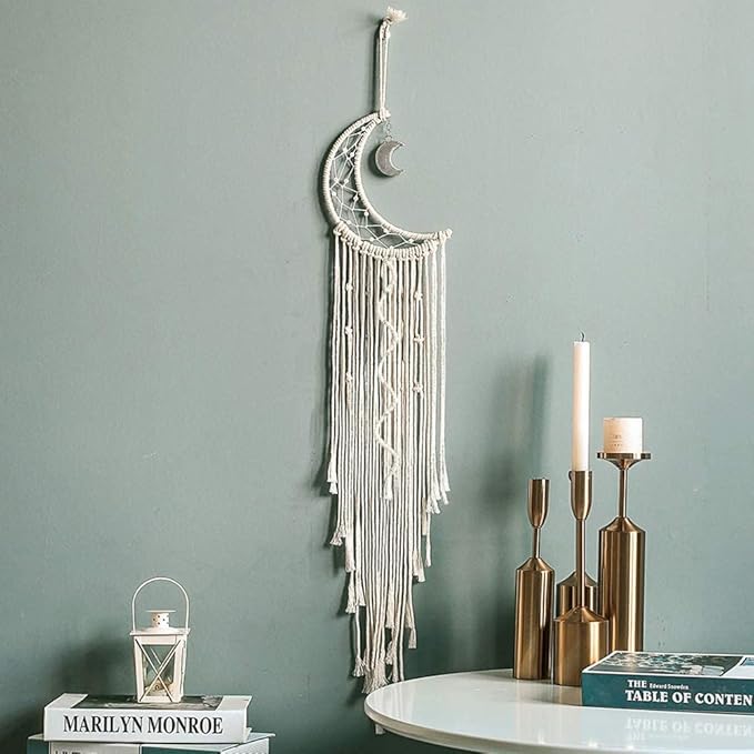 Macrame Wall Hanging Moon Dream Catcher with LED Light Handmade Woven Dream Catcher Boho Home Decoration Chic Home Decor Gifts Apartment Room Decoration for Eid Mubarak Ramadan