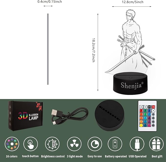 3D LED One Piece Night Light Character Commodity Lamp for Children's Room Home Room Decoration Colourful Night Light Gift for Fans Merch (16 Colours, Roronoa Zoro-A)