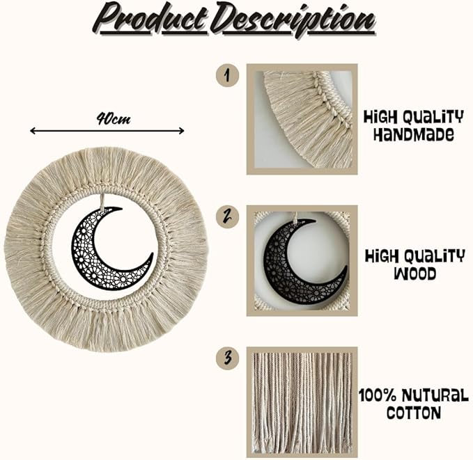 Ramadan Decor Set - Islamic Macramé with 5 Pieces of Natural Cotton Threads and Laser-Cut Wood Featuring Elegant Islamic Patterns