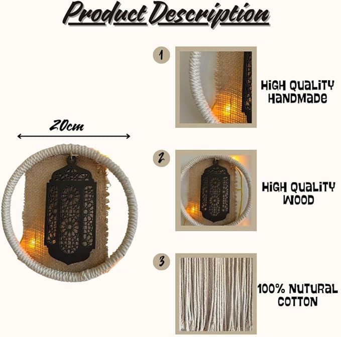 Ramadan Decor Set - Islamic Macramé with 5 Pieces of Natural Cotton Threads and Laser-Cut Wood Featuring Elegant Islamic Patterns