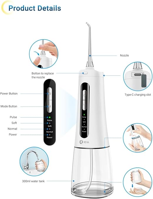 Reva Professional Water Flosser - Cordless Oral Irrigator, 300ML Reservoir,