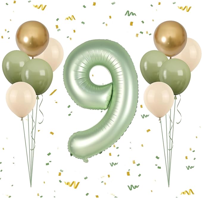 40 Inch Sage Green Number 9 Balloon, Olive Green 9th Birthday Balloons, Retro Sand White Avocado Green Gold Latex Balloons Giant 9 Foil Balloon for Kids Boy Girl 9th Birthday Jungle Party Decorations