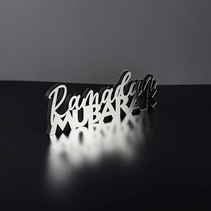 IWA CONCEPT | Wooden Acrylic Islamic Tabletop Decors | Ramadan Kareem and Eid Mubarak Decoration | Islamic Muslim Gifts | Ramadan Eid Decoration | (Ramadan Mubarak-2, Silver)