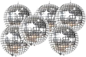 Pack of 6 Silver Disco Ball Balloons - 22 Inch | Mamma Mia Party Decorations, 4D Sphere Disco Balloons for Disco Party Decorations | New Years Eve Party Supplies 2024, 70s Party Decorations