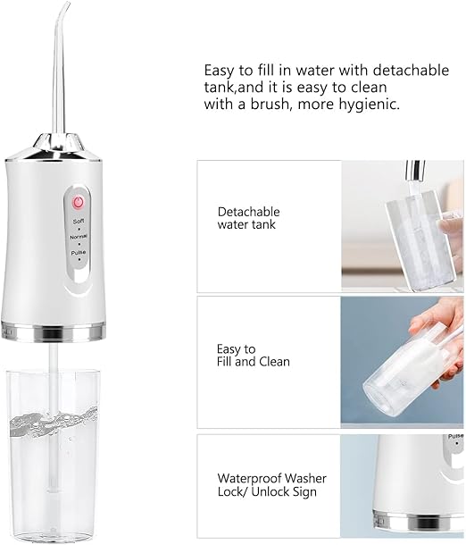 Wireless Oral Irrigator, Cordless Water Dental Floss for Teeth with 3 Modes & 4 Replacement Nozzles, Interdental Cleaner Rechargeable with Removable 230 ml Water Tank for Home, Travel, Shower (White)