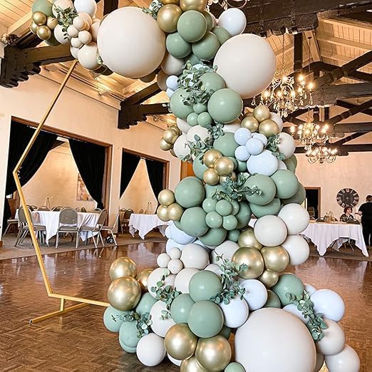 Sage and Olive Green Balloon Set 105 pieces 12 inch latex balloons perfect for decorating birthdays, graduation parties, weddings, baby showers, anniversaries and New Year celebrations with attractive design.