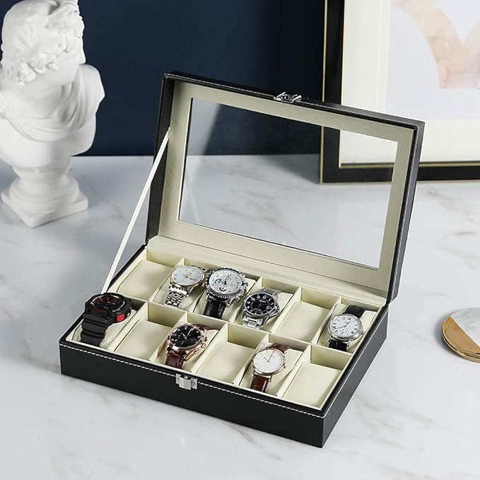 Arabest Watch Organizer Large 12 Slot Watch Display Case Organizer With Glass Lid,Watch Box Organizer For Men, Mens Jewelry Box With Removable Pillow,Black PU Leather