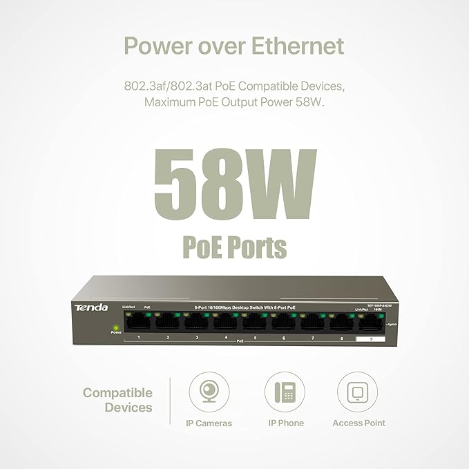 Tenda 9 port 10/100 mbps fast unmanaged ethernet network switch with 8 poe ports@63w (tef1109p) | desktop | plug & play | fanless metal design | shielded ports | limited lifetime protection