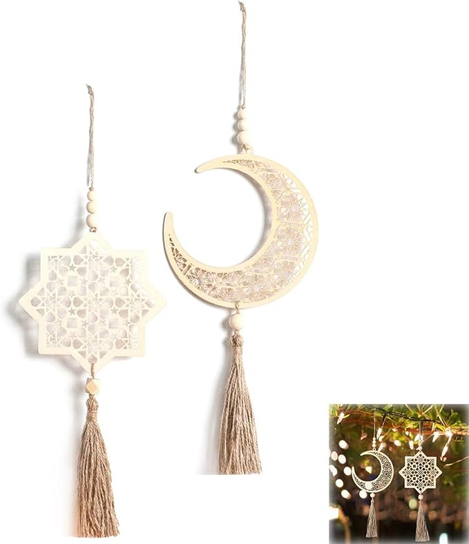 ALMEKAQUZ Eid Decoration Set: Chic Wooden Pendant Ornaments for Festive Ramadan Atmosphere(2 Pieces)