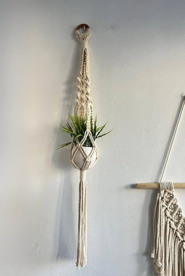 Generic Macrame Plant Holder, Handmade Hanging Planter, Vertical, 110 Centimetres, Off White