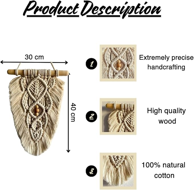 Macrame Wall Hanging - Handmade Bohemian Wall Decor - 100% Natural Cotton - 30cm x 40cm