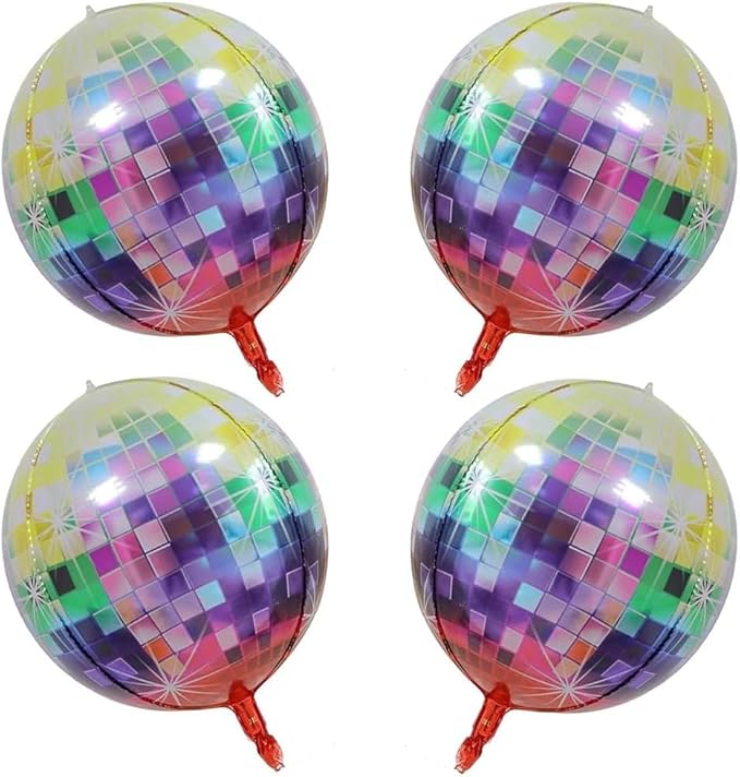 Multi Disco Ball Balloons 4 Pieces 22 Inch 4D Disco Balloons Large Foil Balloon Metallic Mirror Balloon for Disco Dance Party