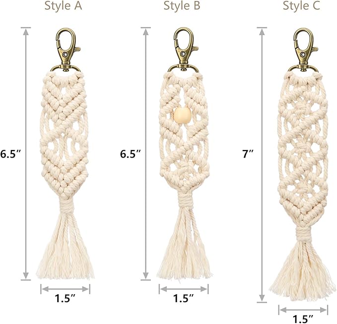 Mkono Mini Macrame Keychains Boho Macrame Bag Charms with Tassels Cute Handcrafted Accessories for Car Key Purse Phone Wallet Unique Gift Party Supplies, Natural White, 3 Pack