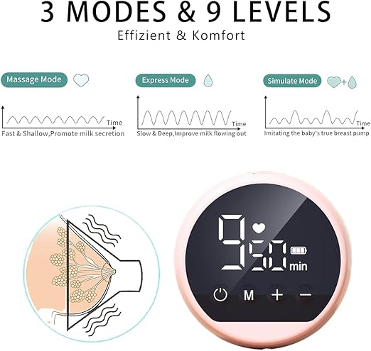 Portable Electric Breast Pump, Silent Single Breast Pump. 10 Breast Milk Fresh Bags, 3 Pumping Modes and 9 Intensity Levels, LED Display, Milk Pumping