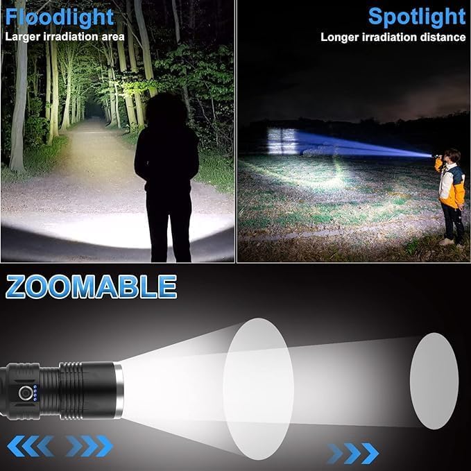 LED Flashlight Rechargeable 200000 High Lumens Waterproof Hiking Torch Light Outdoor Flashlight Strong Light Searchlight Portable Flashlights Focusing