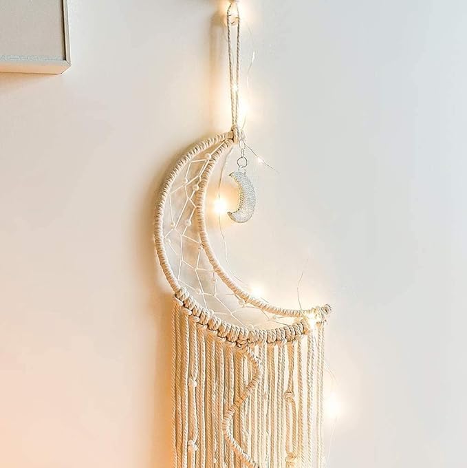 Macrame Wall Hanging Moon Dream Catcher with LED Light Handmade Woven Dream Catcher Boho Home Decoration Chic Home Decor Gifts Apartment Room Decoration for Eid Mubarak Ramadan
