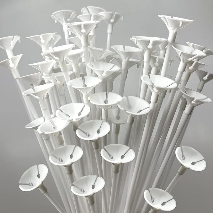60pcs 12" White Balloon Sticks, Plastic Balloon Sticks with Cups for Birthday Party, Wedding, Anniversary Decorations