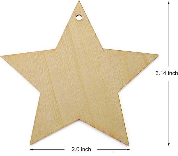 50 Pack Wooden Star Cutouts Star Wooden Ornaments Star Shape Unfinished Wood Hanging Ornaments with Ropes for Embellishments, Wedding, DIY, Craft, Festival (Star Cutouts)