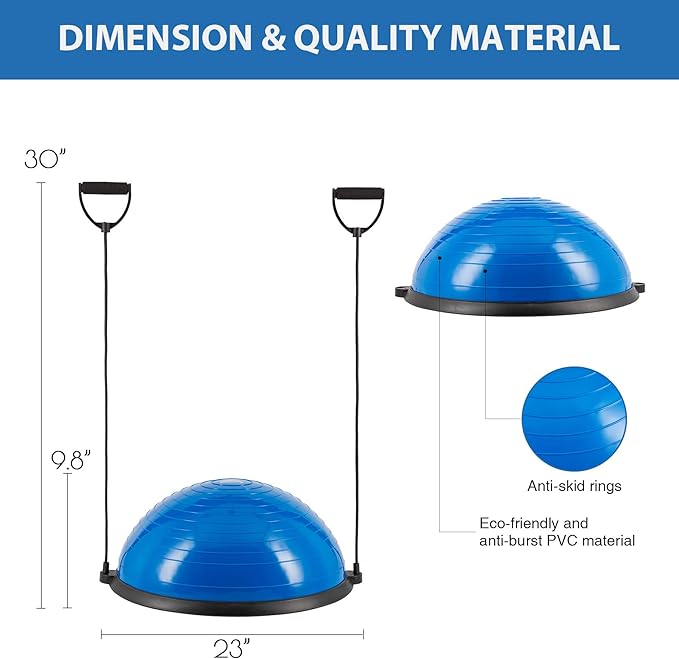 ZELUS Balance Ball Trainer, Non-Slip Balance Ball, Half Ball with Resistance Bands, Gymnastics Ball for Yoga, Fitness, Strength Training, Core Training, Balance Training (Blue)