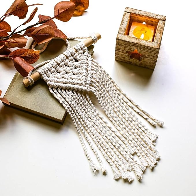 Set Small Macrame Wall Hanging, Mini Macrame Mural, Cotton Yarn Wall Hanging, Bedroom Nursery Wall Art Decor, Bohemian Hygge Home Decoration (Set of 2)