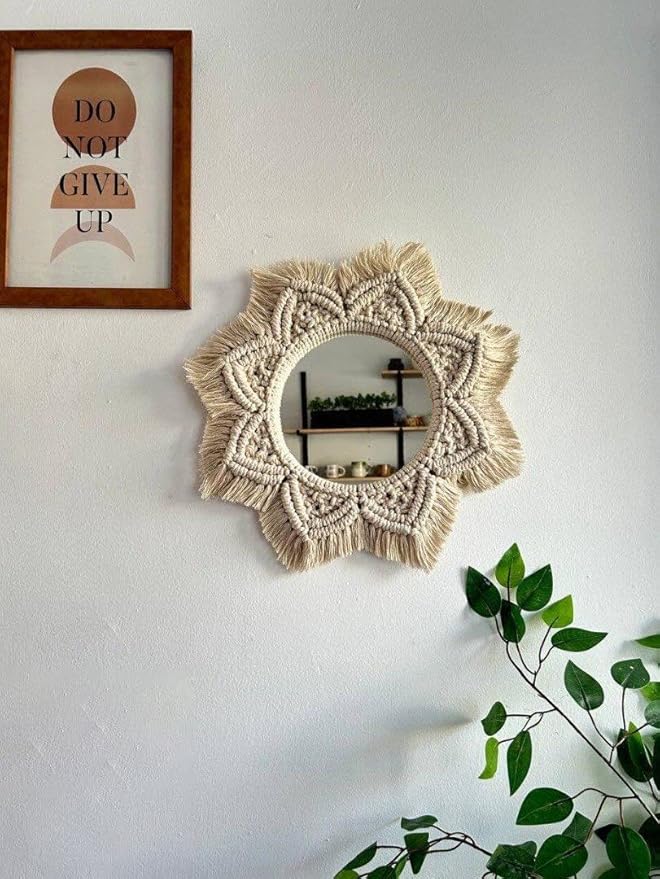 Handmade Cotton Macrame String Wall Mirror for Living Room Dining Room Bedroom Bathroom Kitchen Entryway Hallway- Gift (small)