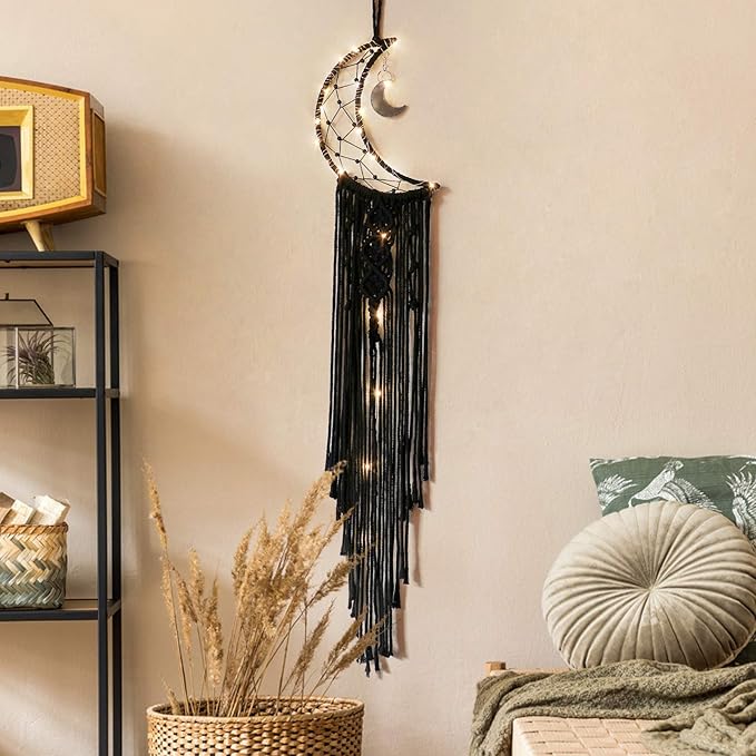 Dremisland Macrame Woven Wall Hanging Moon Dream Catcher- Boho Chic Bohemian Home Decor Wall Art Decor Beautiful Apartment Dorm Room Door Decoration (Moon-Black)