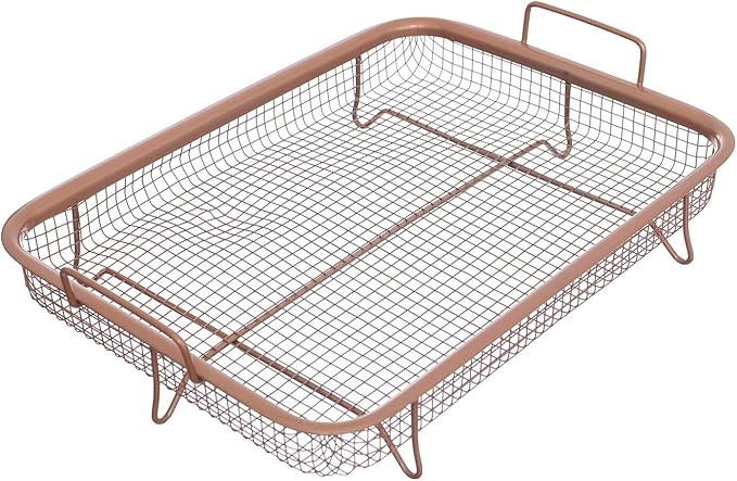 Rectangular Coppery Crispy Tray Set Of 2 Pieces (Non Stick Basket - Serving Tray) Perfect For Oven - Copper