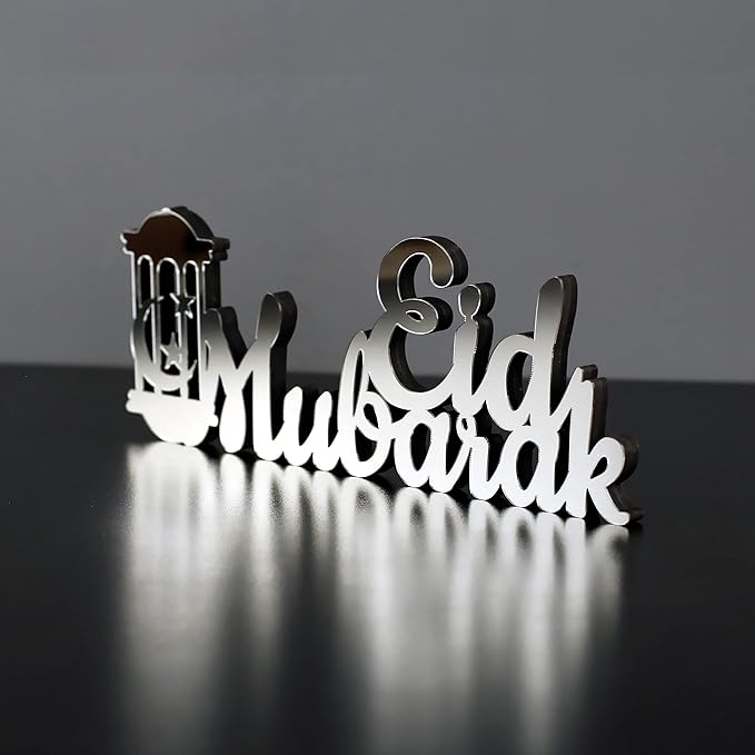iwa concept | Wooden Acrylic Islamic Tabletop Decors | Ramadan Kareem and Eid Mubarak Decoration | Islamic Muslim Gifts | Ramadan Eid Decoration | (Eid Mubarak-3, Silver)