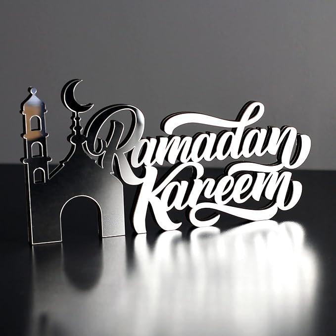 IWA CONCEPT | Wooden Acrylic Islamic Tabletop Decors | Ramadan Kareem and Eid Mubarak Decoration | Islamic Muslim Gifts | Ramadan Eid Decoration | (Ramadan Kareem-3, Silver)
