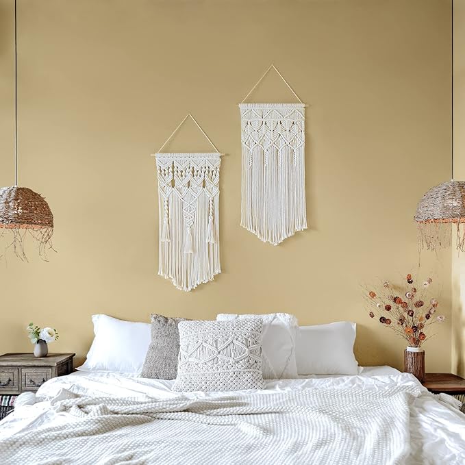 Mkono 2 Pcs Macrame Woven Wall Hanging Boho Home Chic Bohemian Geometric Art Decor - Beautiful Apartment Bedroom Dorm Room Decoration, 32''L x 17''W
