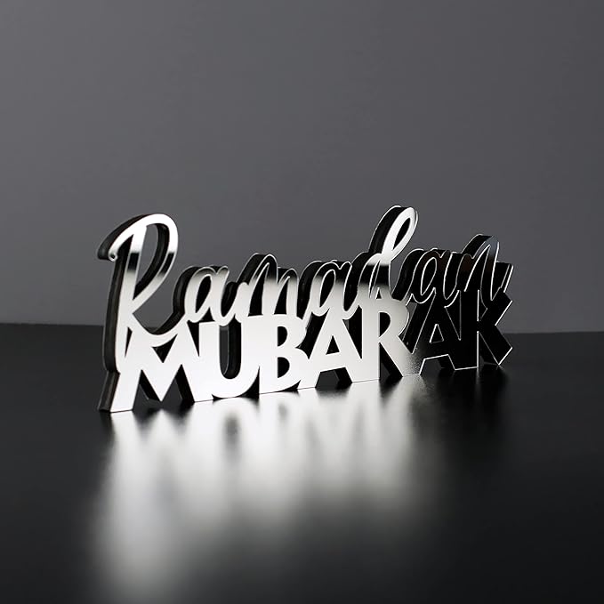 IWA CONCEPT | Wooden Acrylic Islamic Tabletop Decors | Ramadan Kareem and Eid Mubarak Decoration | Islamic Muslim Gifts | Ramadan Eid Decoration | (Ramadan Mubarak-2, Silver)