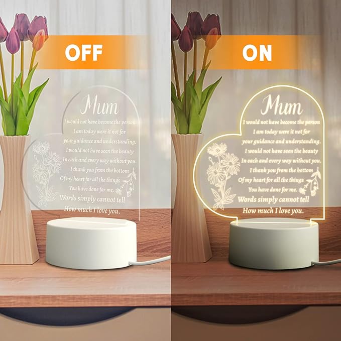 Mothers Day Gifts for Mum from Daughter Son, Mum Birthday Gifts, Acrylic Night Lamp Mum Gifts, Presents for Mum Mum- Heart