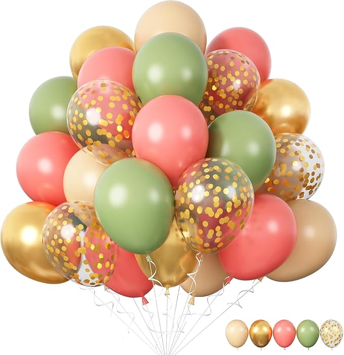 Pink and Sage Green Balloon Set, 60 Pieces Latex and Gold Confetti Balloons for Party Decorations