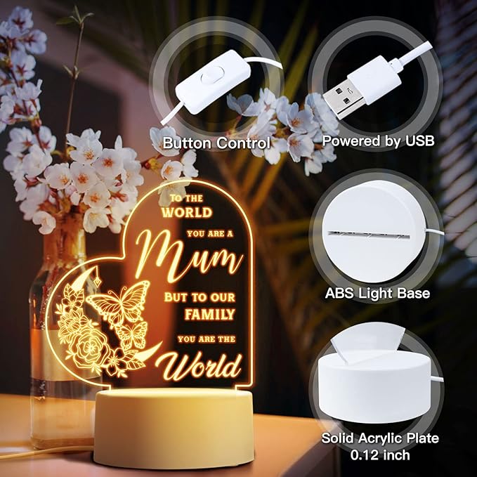 Vetbuosa Mum Gifts from Daughter and Son, Acrylic Night Light Mum Birthday Gifts Idea, Mother Gifts for Mothers Day Birthday Christmas, Presents for Mum, Mother in Law, New Mum, Stepmum USB Lamp