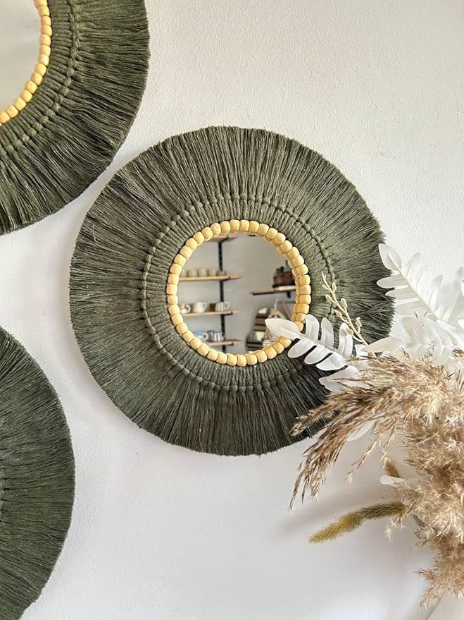 Handmade Macrame Mirror Set 3 Pieces 3 Different Sizes Dark Green Boho Home Room Decor Wall Hanging Gift for Her