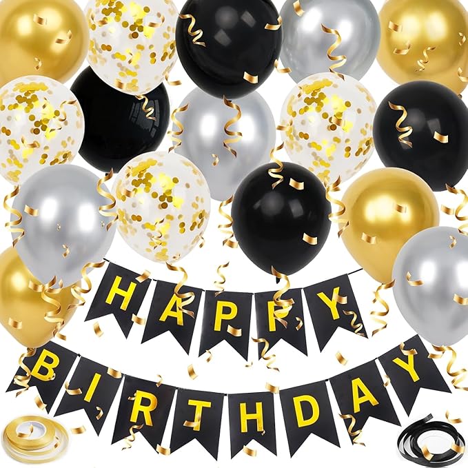 Happy Birthday Party Decorations Set, 16 Pieces 30cm Balloons, Banner, 2 Ribbons (gold)