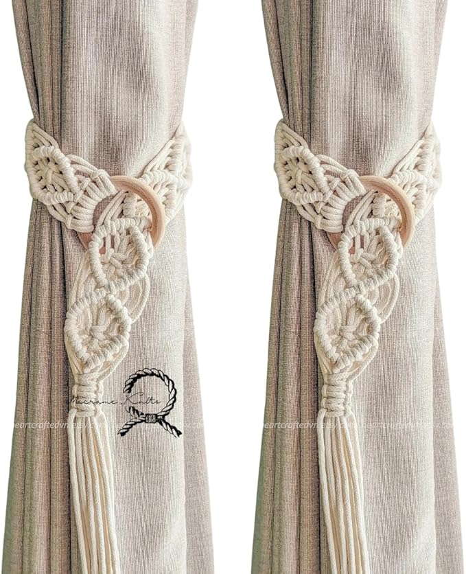 Set of 2 Curtain Decoration Pendants | Curtain Ties with Big Woven Ball | Decorative Tie Backs for Drapes | 100% Cotton Handmade Straps