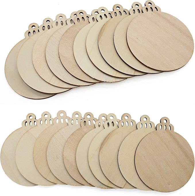 50 Pack Wooden Crafts to Paint Christmas Tree Hanging Ornaments Unfinished Wood Cutouts Christmas Decoration DIY Crafts (Round Cutouts)