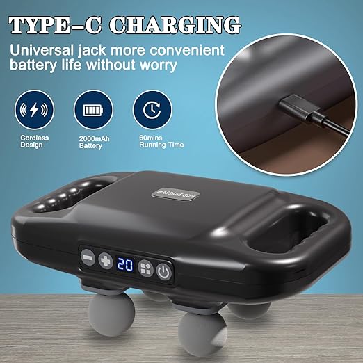 4-Head Massage Gun Deep Tissue, Muscle Massager with 20 Intensities & 6 Modes, 4-Head Back Massager for Pain Relief in Back, Leg, Neck, Shoulder and Body