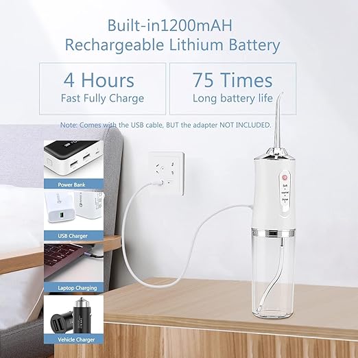 Wireless Oral Irrigator, Cordless Water Dental Floss for Teeth with 3 Modes & 4 Replacement Nozzles, Interdental Cleaner Rechargeable with Removable 230 ml Water Tank for Home, Travel, Shower (White)