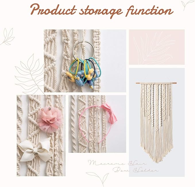 Mkono Macrame Hair Bow Holder Hanging Hair Clips Hanger Headband Storage Organizer Boho Wall Decor Bow Organizer for Baby Girls Room, Ivory (Clips and Other Props Not Included)