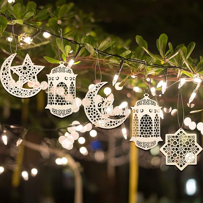 Queekay 9 Pieces Wooden Pendant Ornament Ramadan Kareem Hollow Decoration Moon Star Wind Light Shape Pendant Ornament Rustic Happy Eid Hanging Sign for Ramadan Mubarak Eid Party Decorations