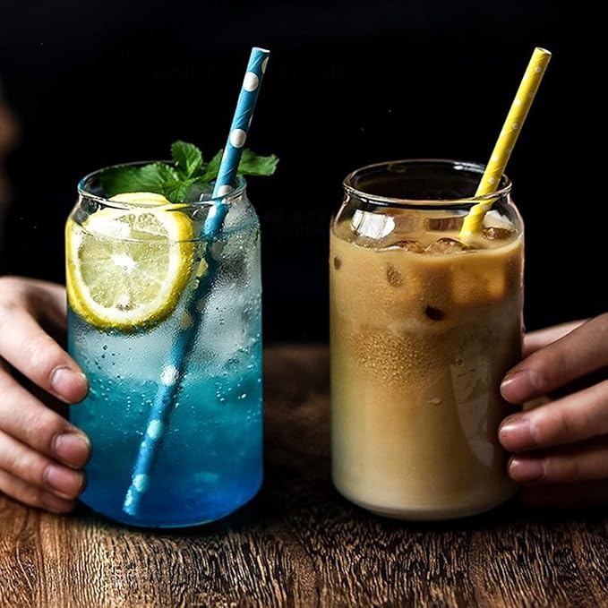 2Pcs Drinking Glasses with Bamboo Lids and Straws, Beer Can Glass Tumbler Glasses Ice Coffee Cup for Milk Coffee Ice Water Cocktail