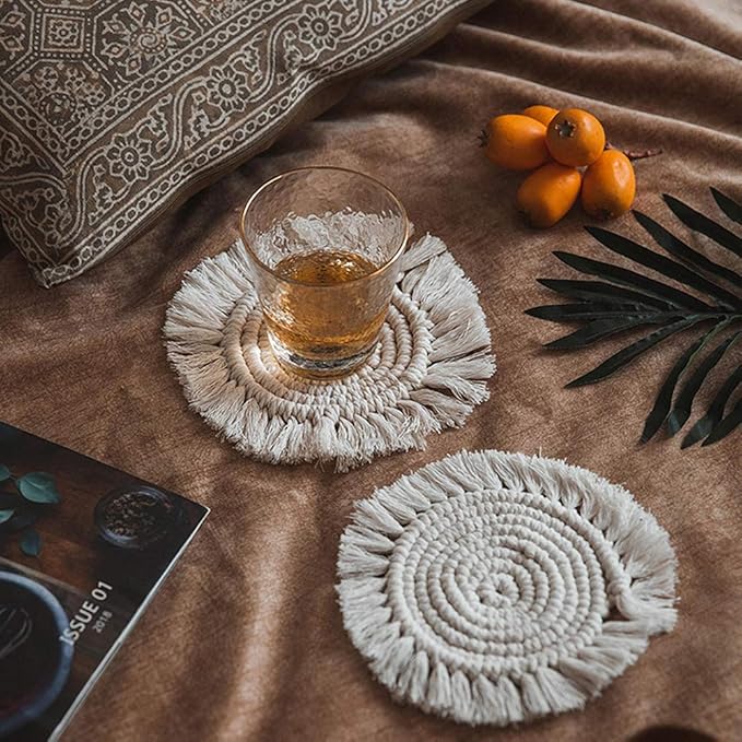Handmade Macrame Coasters for Drinks, Boho Coasters Set of 2, Round Cotton Woven Absorbent Coasters Heat Resistant Wooden Coffee Table Mats Pads for Home Office Bar Farmhouse Mugs and Cups Decor