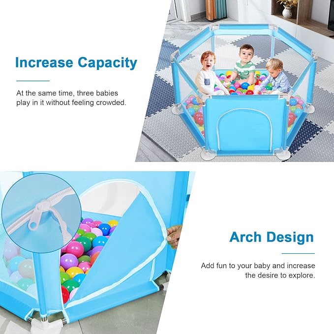 Yorking Baby Playpen by 6 Sides with Round Zipper Door Play Pen for Toddlers Playpen Baby(Blue)