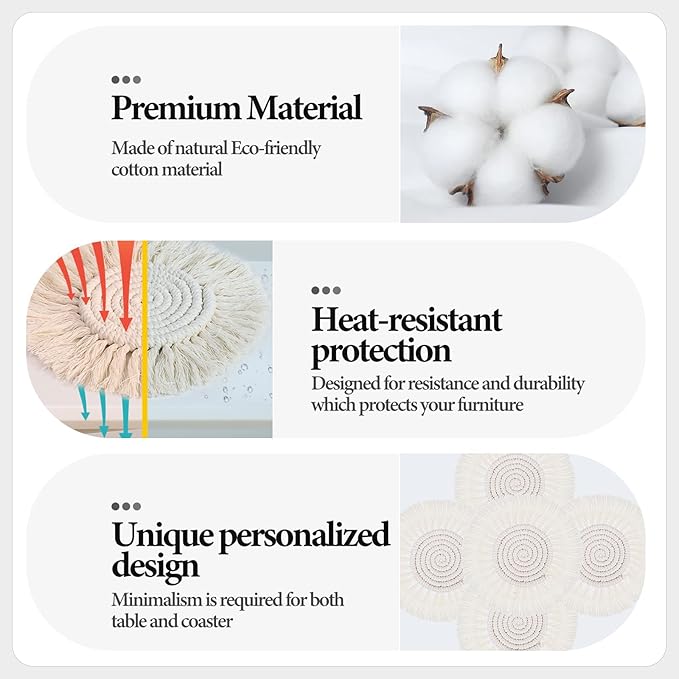 Lucomb 5 Pack Coasters for Drinks Absorbent, Macrame Handmade Cotton Coasters for Coffee Table, Boho Coaster Set with Tassels Heat-Resistant Farmhouse Drink Coaster for Home Decor Tabletop Protection.