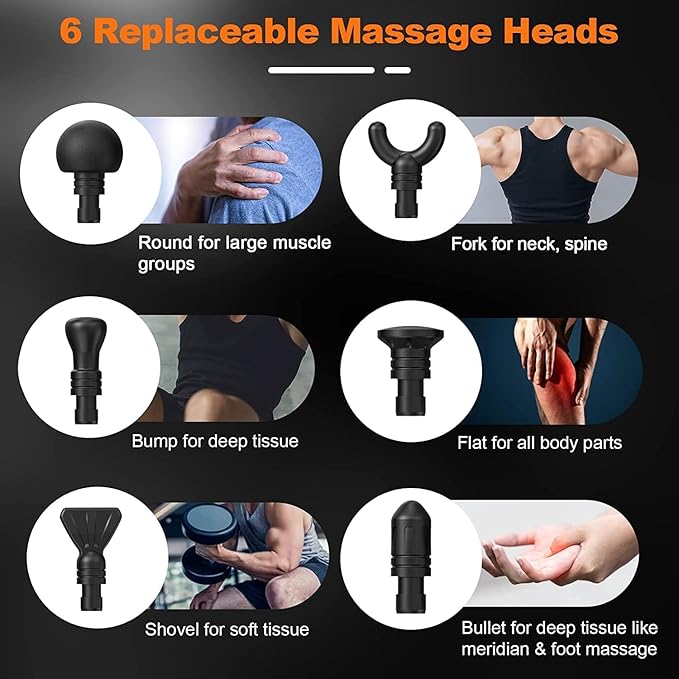 Massage Gun, Massage Gun for Neck, Shoulder, Back, Massager with 30 Speeds and 6 Heads, Muscle Massager Fitgun Hand Massager with Carry Bag